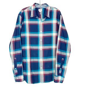 J. Crew Blue Red Gray Plaid Long Sleeve Button Down Sz L